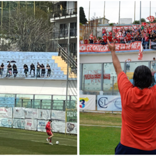 OGGI E IERI - Il settore ospiti di Sanremo di oggi, occupato da una trentina di fedelissimi, e quello pieno di 300 cuori biancorossi per la vittoria dei playoff nel maggio 2022 (foto Ezio Macchi anche sotto in gallery) che sembrava poter aprire le porte della serie C