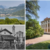 Villa Toletti, a destra, e la veduta sul Ceresio. Qui sopra l’antica stazione ferroviaria di proprietà del Comune di Cadegliano in una foto storiuca