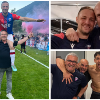 Donato Disabato sulle spalle di papà Michele, come dopo ogni promozione (e siamo a 7), a destra il team manager del Chiasso Stefano Pertile con Disa e poi in festa negli spogliatoi (foto FC Chiasso)