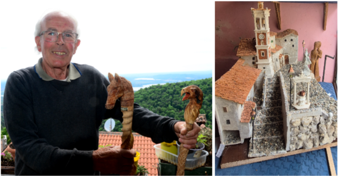 Lino Biagini al Sacro Monte dove intaglia manici di bastone per farne piccole opere d’arte. A destra la riproduzione fatta con tappi di sughero modellati dell’ingresso del Santuario, con il campanile, il pozzo e la gradinata che sale verso lo spiazzo