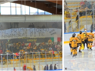Il bellissimo striscione in curva e la squadra attorno a Pippo Matonti