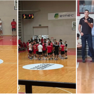 Coach Kastritis in mezzo al parquet, la squadra riunita in cerchio e Scola con Giorgetti, Perego, Bulgheroni e alcuni emissari RedBird
