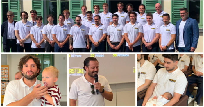 I Mastini sono davvero una famiglia che cresce: sopra la squadra alla Villa Napoleonica per la presentazione, sotto da sinistra Marcello Borghi e Alessio Piroso in versione papà con capitan Andrea Vanetti che lo sarà a breve