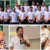 I Mastini sono davvero una famiglia che cresce: sopra la squadra alla Villa Napoleonica per la presentazione, sotto da sinistra Marcello Borghi e Alessio Piroso in versione papà con capitan Andrea Vanetti che lo sarà a breve