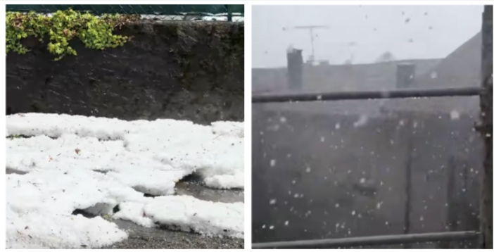 A destra: la grandine in strada a Laveno. A sinistra: i chicchi su Sangiano (dai video di NatualMeteo)