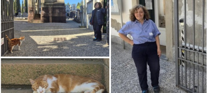 Lucia, storica custode del cimitero monumentale di Giubiano, va in pensione. Ma quello con il "vice-custode" Diesel non è un addio