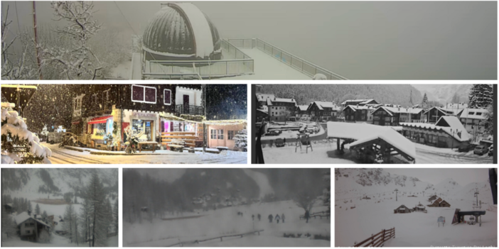 In cima l'osservatorio di Campo dei Fiori sotto la neve, poi due foto di Macugnaga innevata ieri sera (foto Giuliana Colombo Canavesi da Macugnaga.net) e questa mattina (webcam), quindi due immagini dall'Alpe Devero e una da San Domenico (webcam)