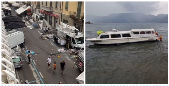A sinistra: i danni del vento al mercato di Luino (foto da LuinoNotizie.it). A destra: i vigili del fuoco al lavoro per il natante incagliato sempre a Luino