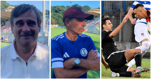 Claudio Mlanese e Roberto Gatti, patron e tecnico della Solbiatese, e Manicone della Varesina (foto Varesina Calcio)