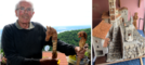 Lino Biagini al Sacro Monte dove intaglia manici di bastone per farne piccole opere d’arte. A destra la riproduzione fatta con tappi di sughero modellati dell’ingresso del Santuario, con il campanile, il pozzo e la gradinata che sale verso lo spiazzo