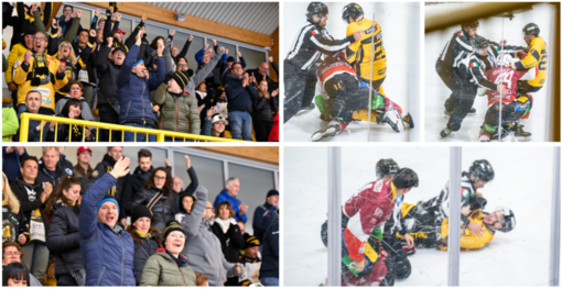 Una serata da brividi all'Acinque Ice Arena: le foto del popolo giallonero qui a sinistra e in gallery targate Alessandro Umberto Galbiati e quelle della scazzottata Perino-Geronazzo, a destra, di Alberto Bernasconi