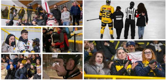 Qui sopra a sinistra i tifosi della Valpe in festa trascinati anche da un campanaccio gigante, il volto buio di Piroso infortunato e, tra il pubblico, anche Seba Allevato (Foto Alessandro Umberto Galbiati)