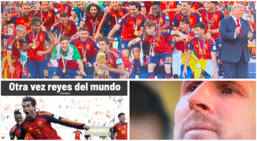 La Spagna con la coppa del mondo, le lacrime e l'addio di Messi e il titolo del quotidiano sportivo Marca La Spagna con la coppa del mondo, le lacrime e l'addio di Messi e il titolo del quotidiano sportivo Marca