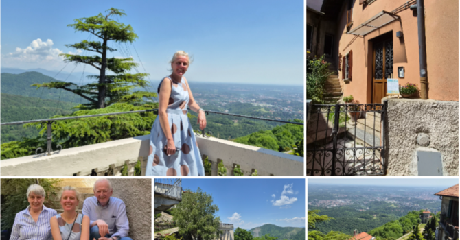 Francesca Crugnola dalla splendida balconata naturale della casa vacanze al Sacro Monte e, sotto, con mamma Marinella e suo marito