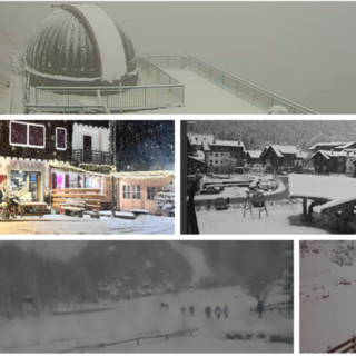 In cima l'osservatorio di Campo dei Fiori sotto la neve, poi due foto di Macugnaga innevata ieri sera (foto Giuliana Colombo Canavesi da Macugnaga.net) e questa mattina (webcam), quindi due immagini dall'Alpe Devero e una da San Domenico (webcam)