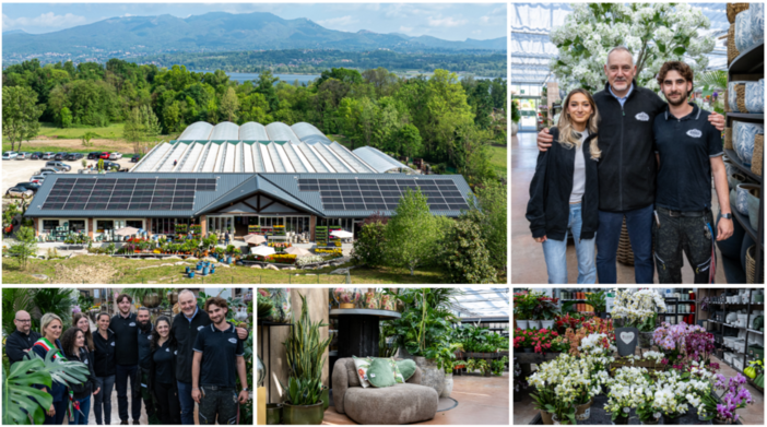 Casa Agricola, una meraviglia incastonata nel panorama a Bodio tra verde, lago, colline e il Campo dei Fiori. A destra Giacomo Brusa con i figli Gabriele, che gestirà il nuovo store, e Giulia. Sotto l'inaugurazione con il sindaco di Bodio, Eleonora Paolelli, e i dipendenti (Foto Galbiati)