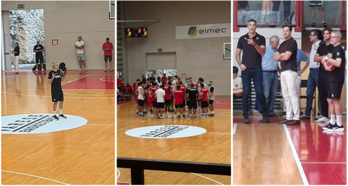Coach Kastritis in mezzo al parquet, la squadra riunita in cerchio e Scola con Giorgetti, Perego, Bulgheroni e alcuni emissari RedBird Coach Kastritis in mezzo al parquet, la squadra riunita in cerchio e Scola con Giorgetti, Perego, Bulgheroni e alcuni emissari RedBird