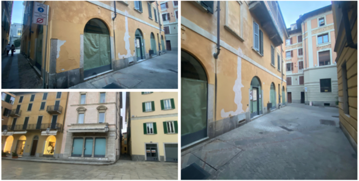 Nella prime foto in alto a sinistra e in quella grande a destra i locali che ospiteranno la nuova attività, dove era casa l'indimenticabile Armeria Meschieri, nel primo palazzo ad angolo con via Albuzzi che si affaccia su piazza San Vittore