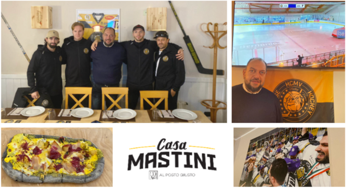 L'inaugurazione di Casa Mastini nel locale &quot;Al Posto Giusto&quot; di Masnago con Bastille, Makinen, lo sponsor, tifoso e proprietario della location Mirko Reto, Pisarenko e capitan Vanetti. Nelle altre foto il logo e la pizza giallonera