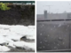 A destra: la grandine in strada a Laveno. A sinistra: i chicchi su Sangiano (dai video di NatualMeteo)