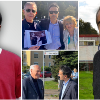 Pietro Anastasi con la V bianca in campo rosso nell'immagine sulla targa posta davanti allo stadio e, a destra, sul prato del suo Franco Ossola. In mezzo Enzo, nato a Scicli in Sicilia, ma pazzo per il Varese, che regala ad Anna Anastasi una fotografia di Pietro con Gigi Riva, e Roberto Bettega con Gianluca Anastasi nel piazzale intitolato a una leggenda del calcio