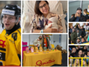 Al centro Delia Antognazza, medico dei Mastini, con la piccola Olimpia; a sinistra Pippo Matonti con Alex Bertin, due muri gialloneri; qui sopra il banchetto dello Scoiattolo che ha regalato ravioli al pubblico; a destra alcuni volti della passione giallonera (foto Alessandro Umberto Galbiati)