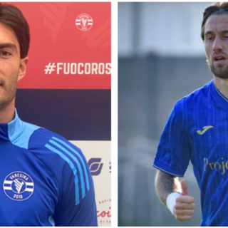 Da sinistra Alberto Alari, difensore centrale con presenze anche in C che debutta oggi con la Varesina, e a destra Denni Scapinello di ritorno da avversario al Chinetti