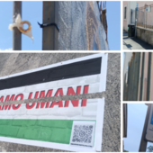 Striscione spezzato a metà per terra in via Sacco, a fianco di Palazzo Estense Striscione spezzato a metà per terra in via Sacco, a fianco di Palazzo Estense