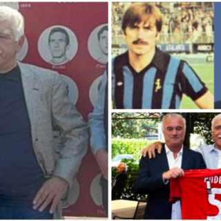 Lele Andena a sinistra con il microfono durante l'inaugurazione di Piazzale Anastasi giovedì scorso davanti al Franco Ossola, sopra a destra con la maglia dell'Atalanta e sotto omaggiato con la "5" da Massimo Foghinazzi al raduno delle vecchie glorie di fine settembre alla Schiranna