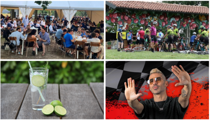 Dall'alto in senso orario la Sagra del Pesce a Calcinate, Festa delle Ciliegie ad Oltrona al Lago, Marco Melandri dj al Lido DaMa del Tennis Club Casciago e Creanza Market &amp; Gin Fest al Parco di Villa Mylius a Varese