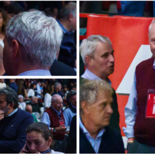 Giuseppe Pirola, presidente dell'Uyba, a colloquio con il sindaco Galimberti (sopra) e con Toto Bulgheroni (a destra), ma anche con Paolo Orrigoni, nella terza immagine - Foto Averna