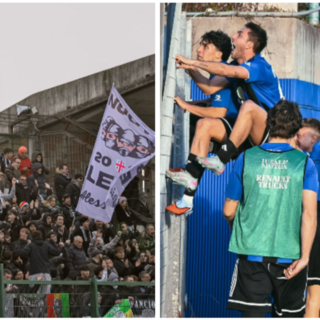 Il muro dei tifosi Grigi (foto Alessandria Calcio) e la Solbia che oggi vuole scalare la montagna (foto Samuele Lucchi-Solbiatese Calcio 1911)