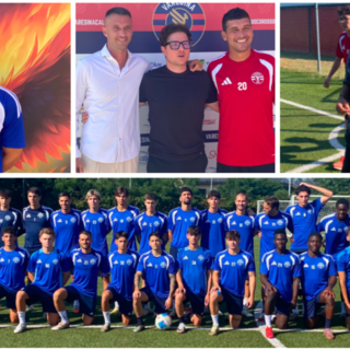 La nuova e ambiziosa Varesina: sopra da sinistra l'attaccante Stefano Banfi, il ds Andrea Scandola, il dg Max Di Caro, il tecnico Daniele Angellotti e il patron Lino Di Caro al campo di Cairate per la preparazione pre campionato