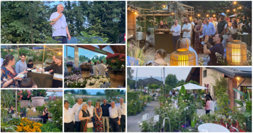 Il "papà" di Agricola accoglie i suoi collaboratori con le loro famiglie e gli amici in mezzo al verde (in alto a sinistra) della nuovissima e bellissima "Casa Agricola"