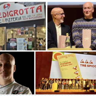 In alto da sinistra: l'insegna dello storico locale varesino e Antonello Cioffi (al centro) che riceve il riconoscimento. In basso: Ancora Cioffi e una foto di gruppo per i titolari delle pizzerie premiate