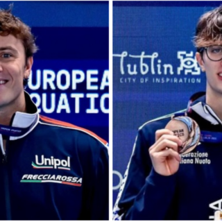 Nicolò Martinenghi, azzatese di 26 anni, e Francesco Lazzari, angerese, 21 anni il 15 dicembre sul podio degli Europei in vasca corta di Lublino in Polonia (Foto tratte da Federazione Italiana Nuoto -  Deepbluemedia)