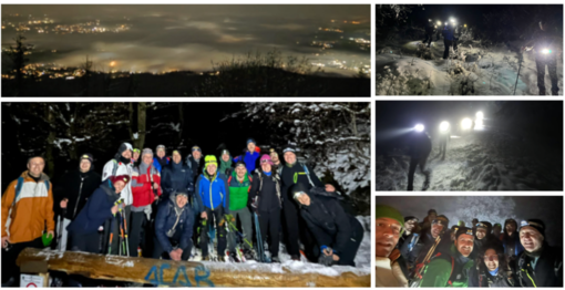 La "compagnia delle ciaspole" che la scorsa notte ha raggiunto il Forte di Orino in uno scenario innevato e magico