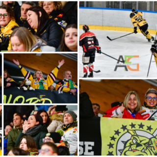 Terzago esulta nella culla di ghiaccio giallonera di via Albani (foto Alberto Bernasconi)