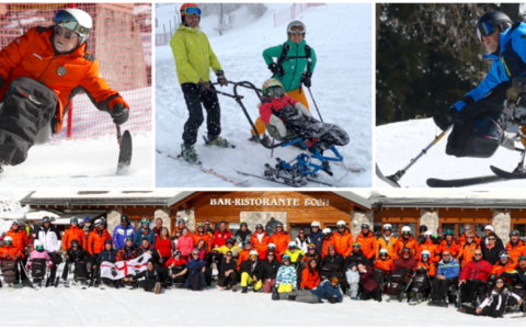 In alto da sinistra Gianni Garbin, papà Andrea, mamma Daniela e la loro Martina, e Igor Stella: lo sci da seduti e quella libertà ritrovata