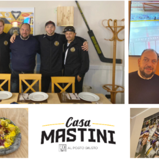 L'inaugurazione di Casa Mastini nel locale &quot;Al Posto Giusto&quot; di Masnago con Bastille, Makinen, lo sponsor, tifoso e proprietario della location Mirko Reto, Pisarenko e capitan Vanetti. Nelle altre foto il logo e la pizza giallonera