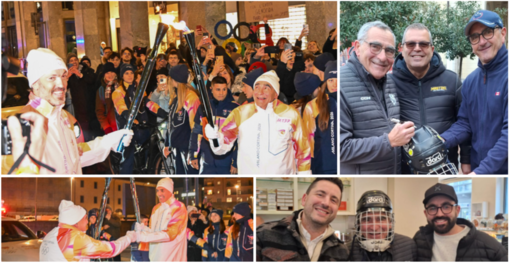 Jim Corsi tedoforo consegna la fiaccola ad Andrea Meneghin (sopra) dopo averla ricevuta da Luis Scola (sotto). A lato firma il caschetto dei trionfi gialloneri conservato da Gigi Ruberti e Sergio Visentin, quindi lo indossa al Pirola in mezzo ai figli Stefan e Daniel Jim Corsi tedoforo consegna la fiaccola ad Andrea Meneghin (sopra) dopo averla ricevuta da Luis Scola (sotto). A lato firma il caschetto dei trionfi gialloneri conservato da Gigi Ruberti e Sergio Visentin, quindi lo indossa al Pirola in mezzo ai figli Stefan e Daniel