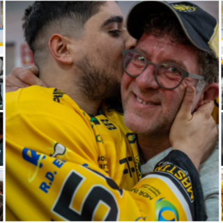 Saluto finale al palaghiaccio per i Mastini e per chi rappresenta l'amore più puro e incondizionato per i colori gialloneri (Foto Galbiati)