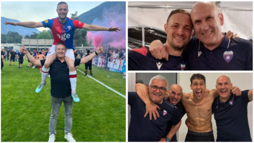 Donato Disabato sulle spalle di papà Michele, come dopo ogni promozione (e siamo a 7), a destra il team manager del Chiasso Stefano Pertile con Disa e poi in festa negli spogliatoi (foto FC Chiasso) Donato Disabato sulle spalle di papà Michele, come dopo ogni promozione (e siamo a 7), a destra il team manager del Chiasso Stefano Pertile con Disa e poi in festa negli spogliatoi (foto FC Chiasso)