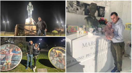 Papà Martino Caliaro, mamma Beatrice e la piccola Cloe omaggiano Marco Pantani a Cesenatico a San Valentino, nel giorno del 22° anniversario della sua morte