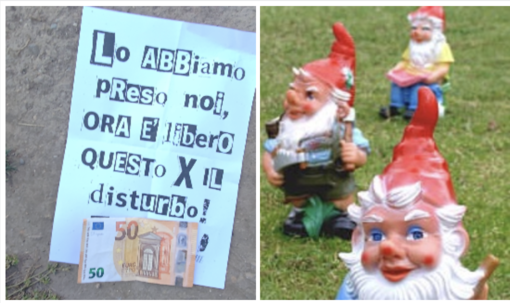 A sinistra: La foto inviataci in redazione dalla nostra lettrice con il messaggio misterioso. A destra: un'immagine generica di nani da giardino A sinistra: La foto inviataci in redazione dalla nostra lettrice con il messaggio misterioso. A destra: un'immagine generica di nani da giardino