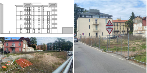 In via Lazio dietro al Faro e a un passo da largo Flaiano su quest'area sorgerà un complesso residenziale con spazio commerciale al piano terra. In alto a sinistra il disegno della nuova palazzina