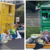 Il cassonetto della raccolta di indumenti usati situato in viale Borri, vicino al supermercato MD, e quello all'uscita del Centro Commerciale Belforte, ironia della sorte proprio a un passo dalla discarica di via dell'Ecologia