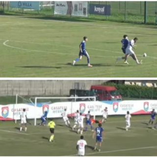 Sopra il fotogramma dell'incredibile rigore finale concesso alla Casatese dopo un contatto tra Tomas e Isella a molti metri dall'area della Varesina. Sotto il gol del possibile 3-2 a favore delle Fenici con il pallone di Pedone destinato a finire in rete toccato all'ultimo secondo da Opoola (a sinistra sulla riga di porta) e annullato per un presunto fuorigioco del secondo che, peraltro, è ininfluente