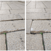 La zona di pavimentazione sconnessa in piazza San Vittore segnalata da una cittadina