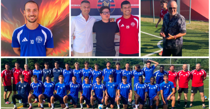 La nuova e ambiziosa Varesina: sopra da sinistra l'attaccante Stefano Banfi, il ds Andrea Scandola, il dg Max Di Caro, il tecnico Daniele Angellotti e il patron Lino Di Caro al campo di Cairate per la preparazione pre campionato